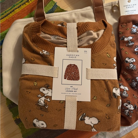 American Eagle Outfitters Other - American Eagle Brown Pajama Set with Snoopy Print XXL & socks BNWT